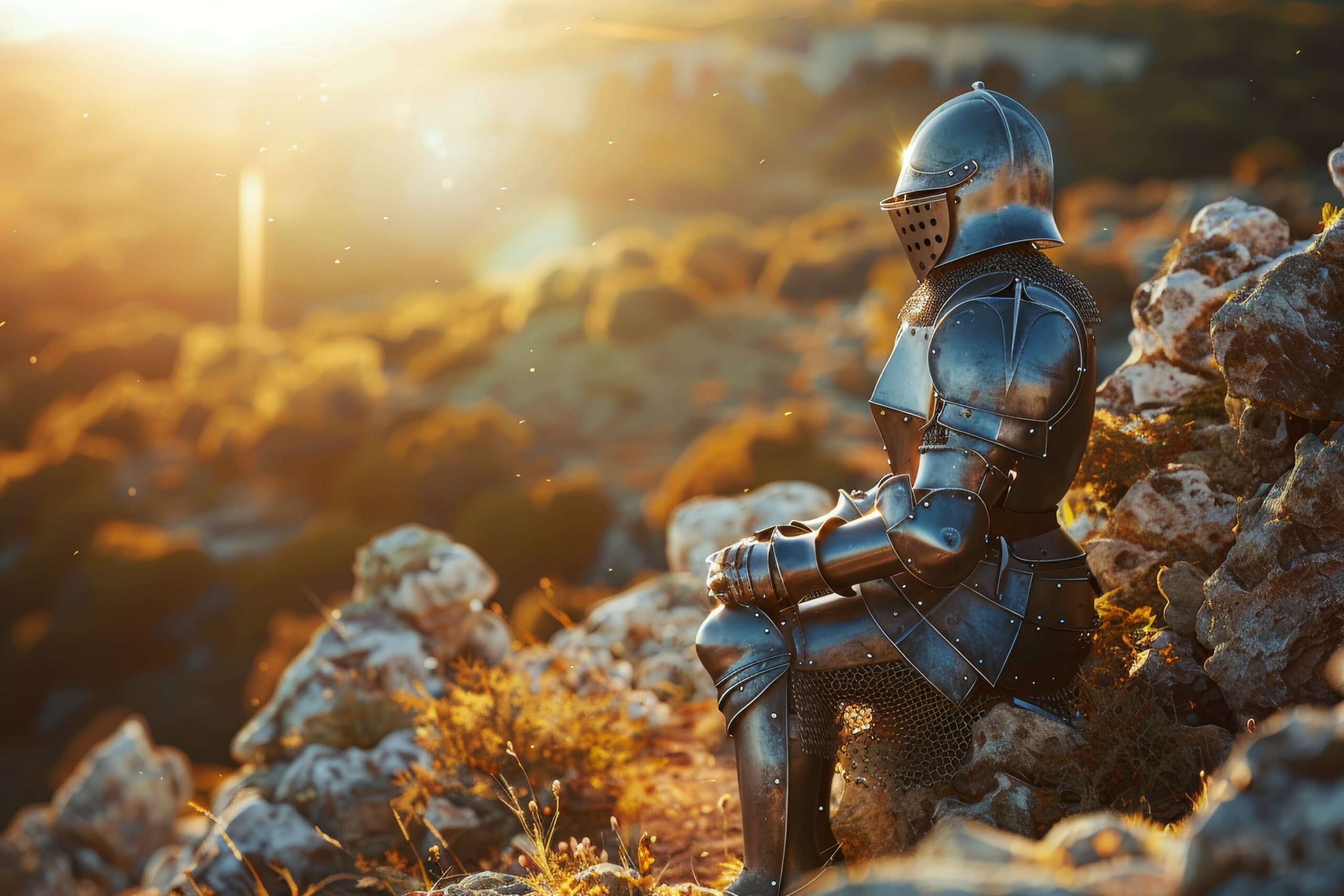 un chevalier en armure est assis sur un rocher surplombant une foret min scaled