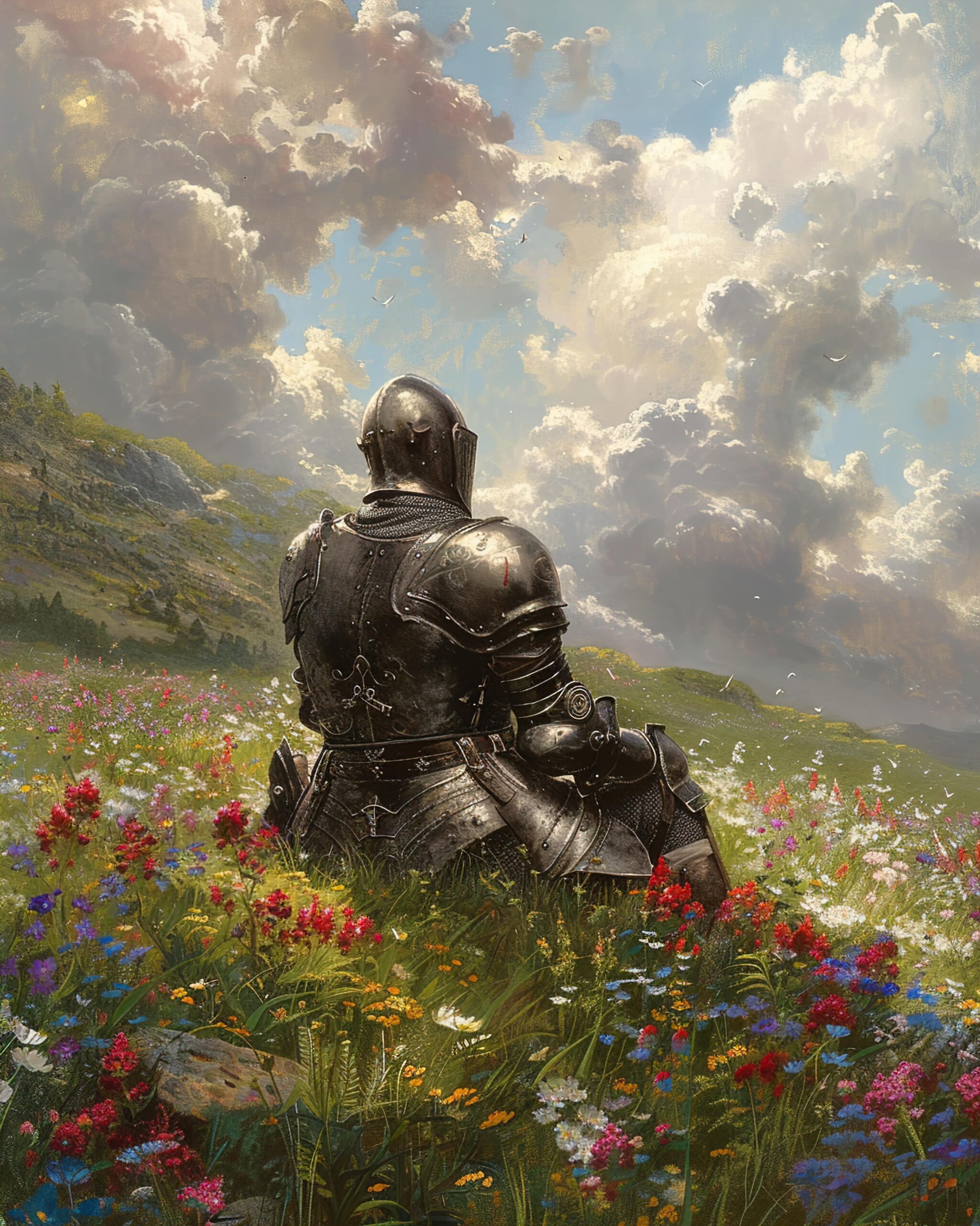 un chevalier est assis dans un champ de fleurs avec un ciel nuageux derriere lui min scaled